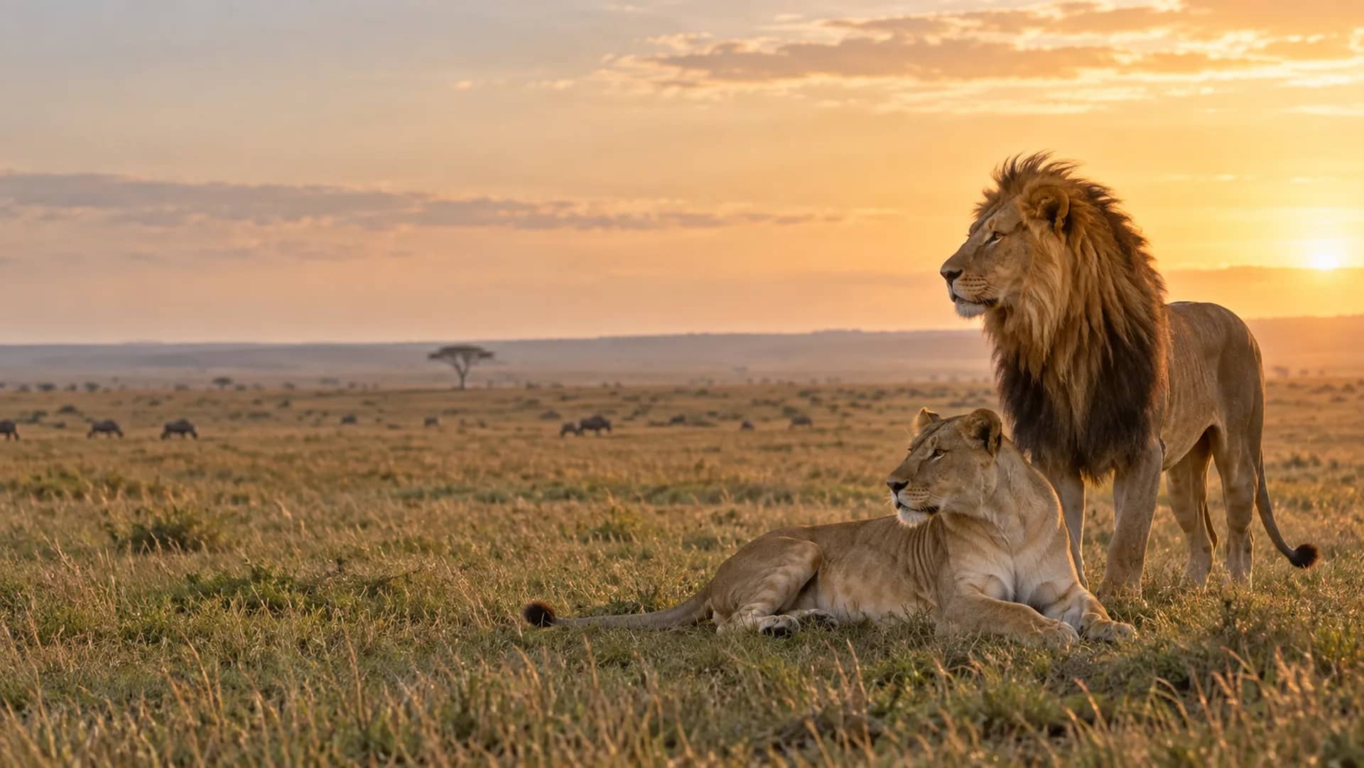 A male lion and lioness overlooking the savannah in warm evening light