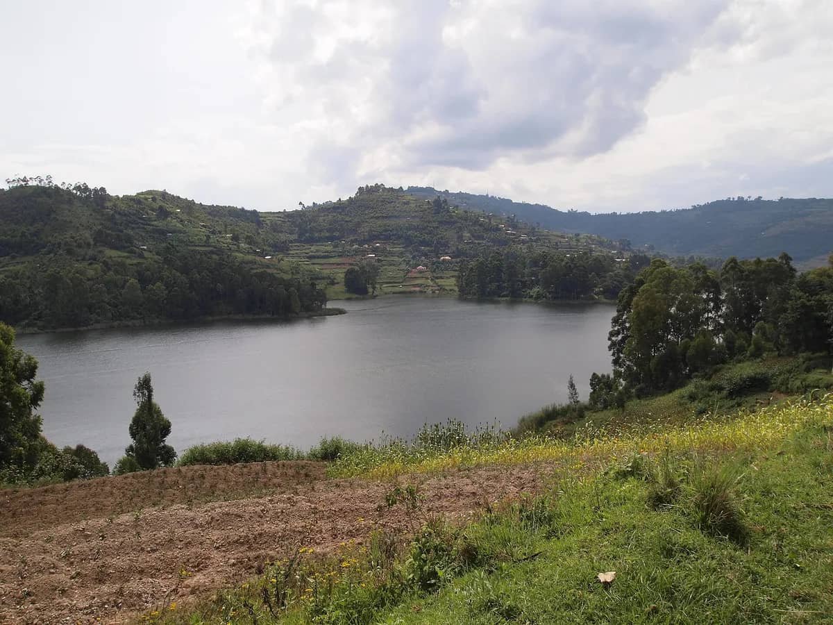 Lake Bunyonyi below green terraced hills