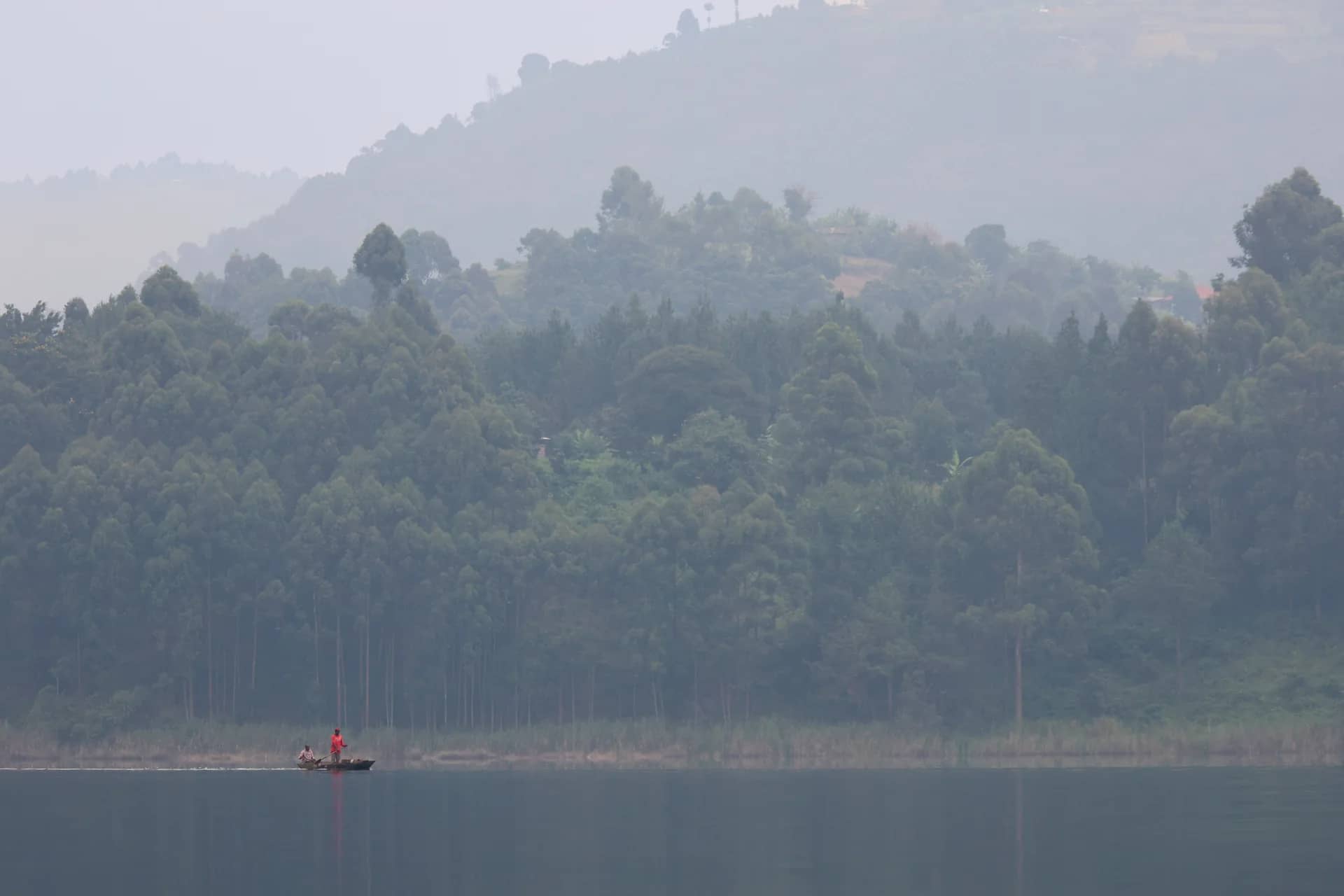 Forested hills descending to Lake Bunyonyi in Uganda