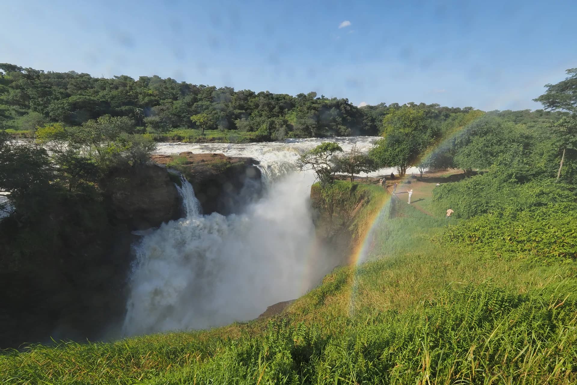 Murchison Falls dropping through green cliffs in Uganda